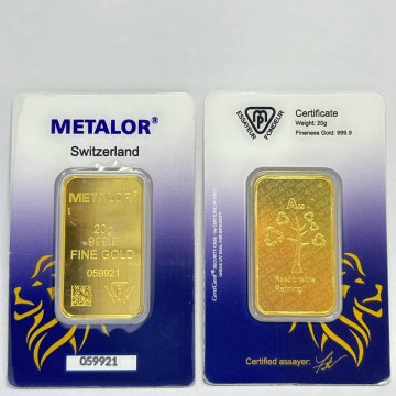 Metalor 20g Gold Minted Bar (With Certificate)